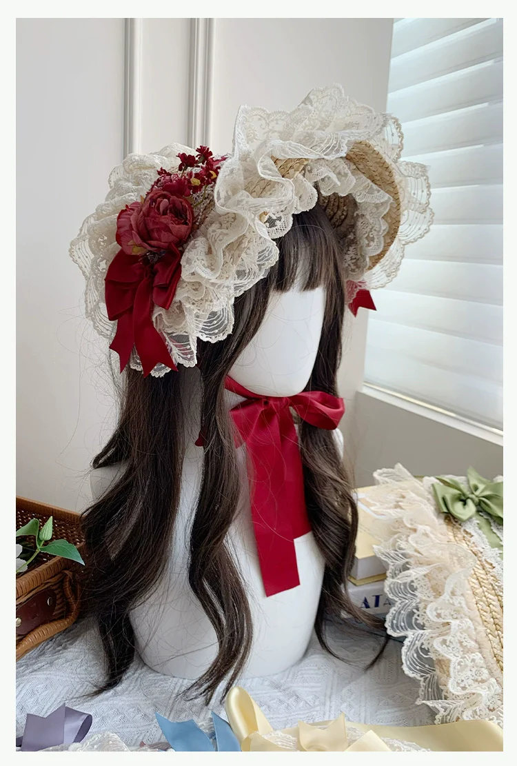 With PUJI - Floral Language - Country Lolita Lace Bow Flat Cap Straw Hat - Image 9