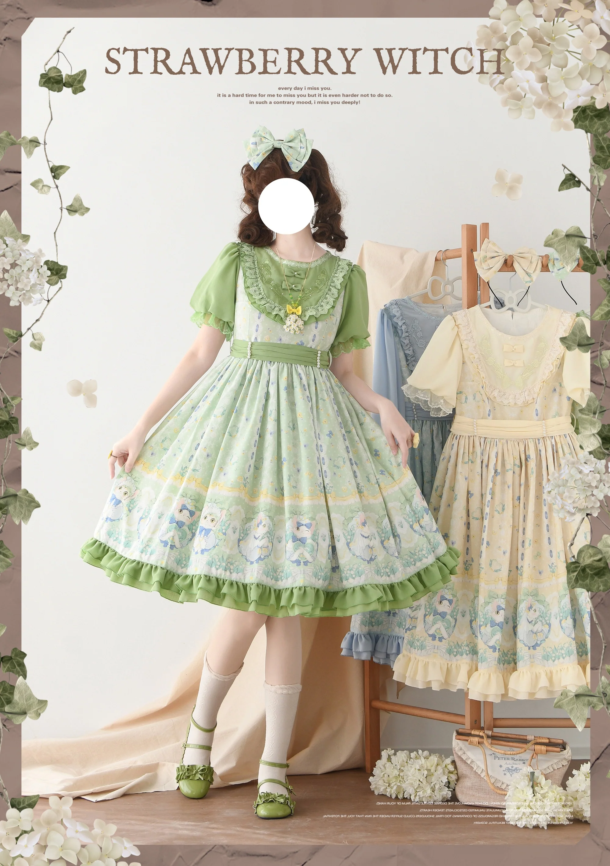 Lily of the Valley Kitten - Country Lolita OP with Embroidery and Cat Print