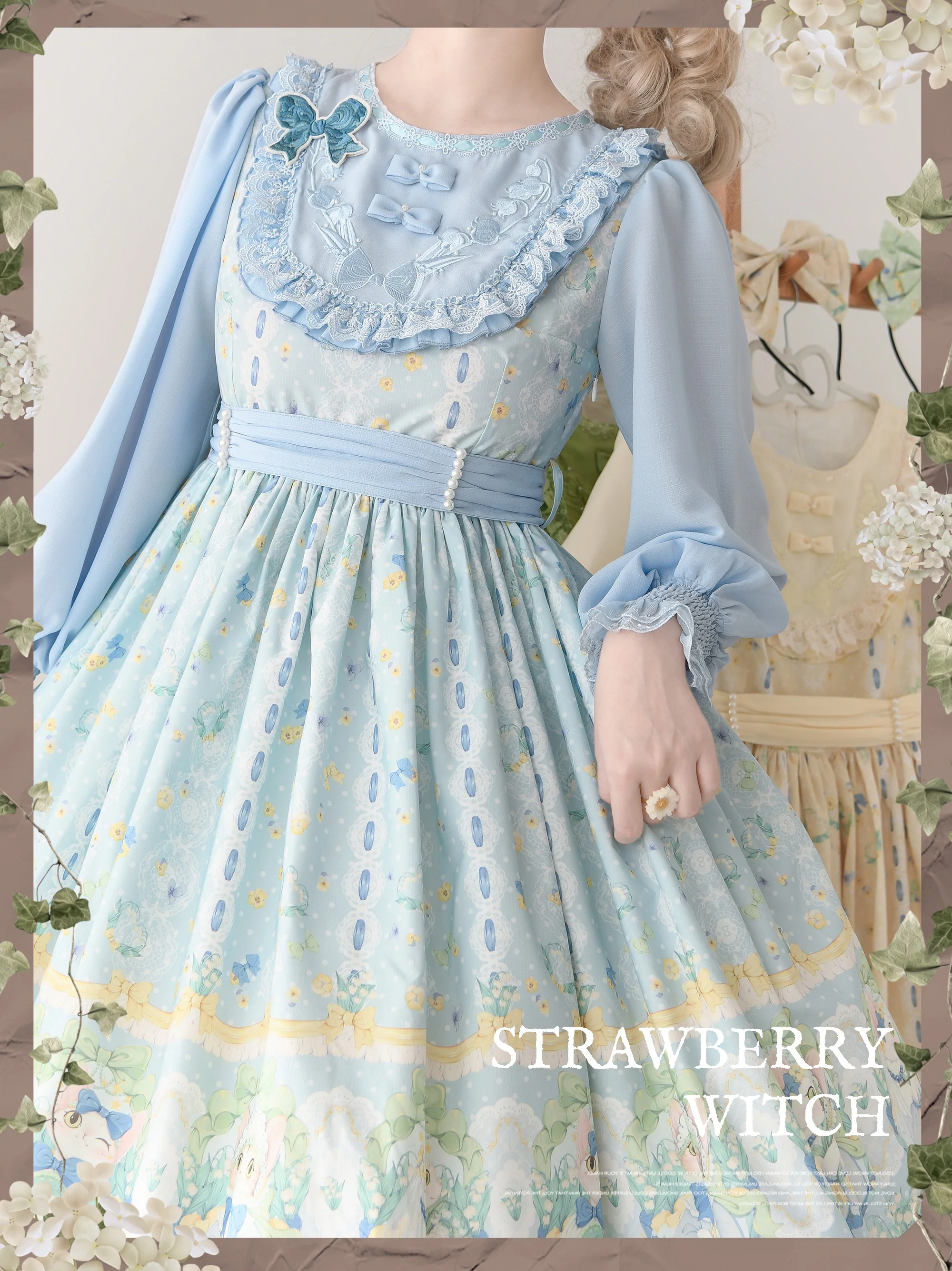 Lily of the Valley Kitten - Country Lolita OP with Embroidery and Cat Print - Image 10