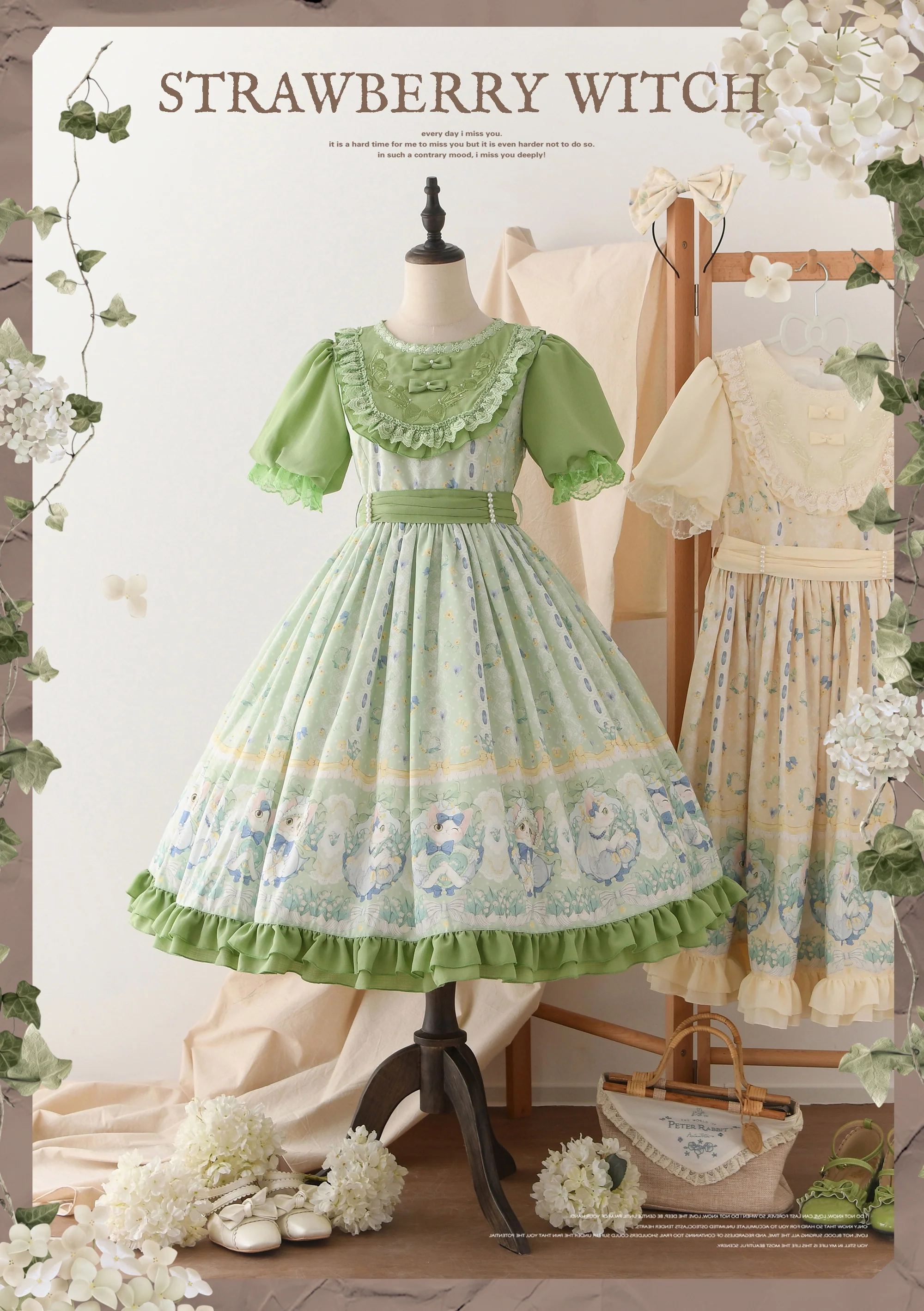 Lily of the Valley Kitten - Country Lolita OP with Embroidery and Cat Print - Image 12