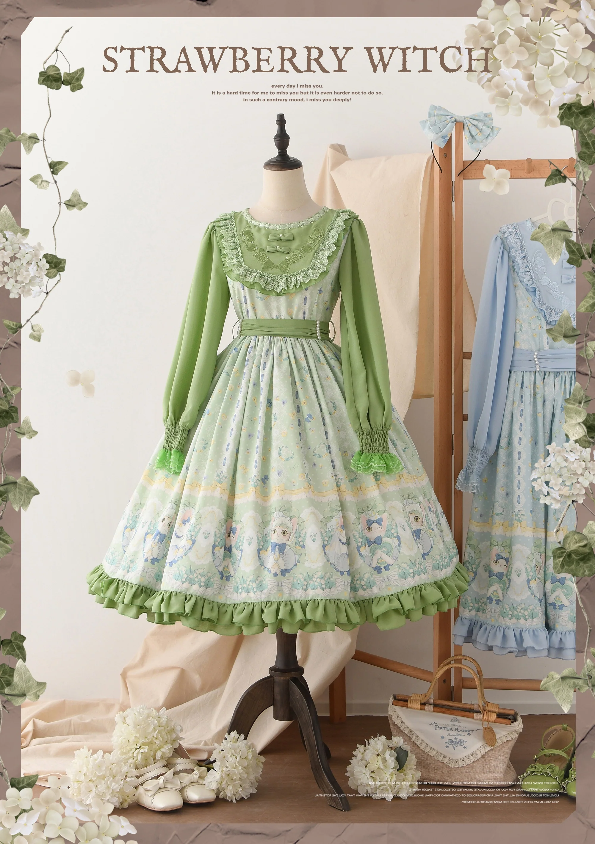 Lily of the Valley Kitten - Country Lolita OP with Embroidery and Cat Print - Image 14