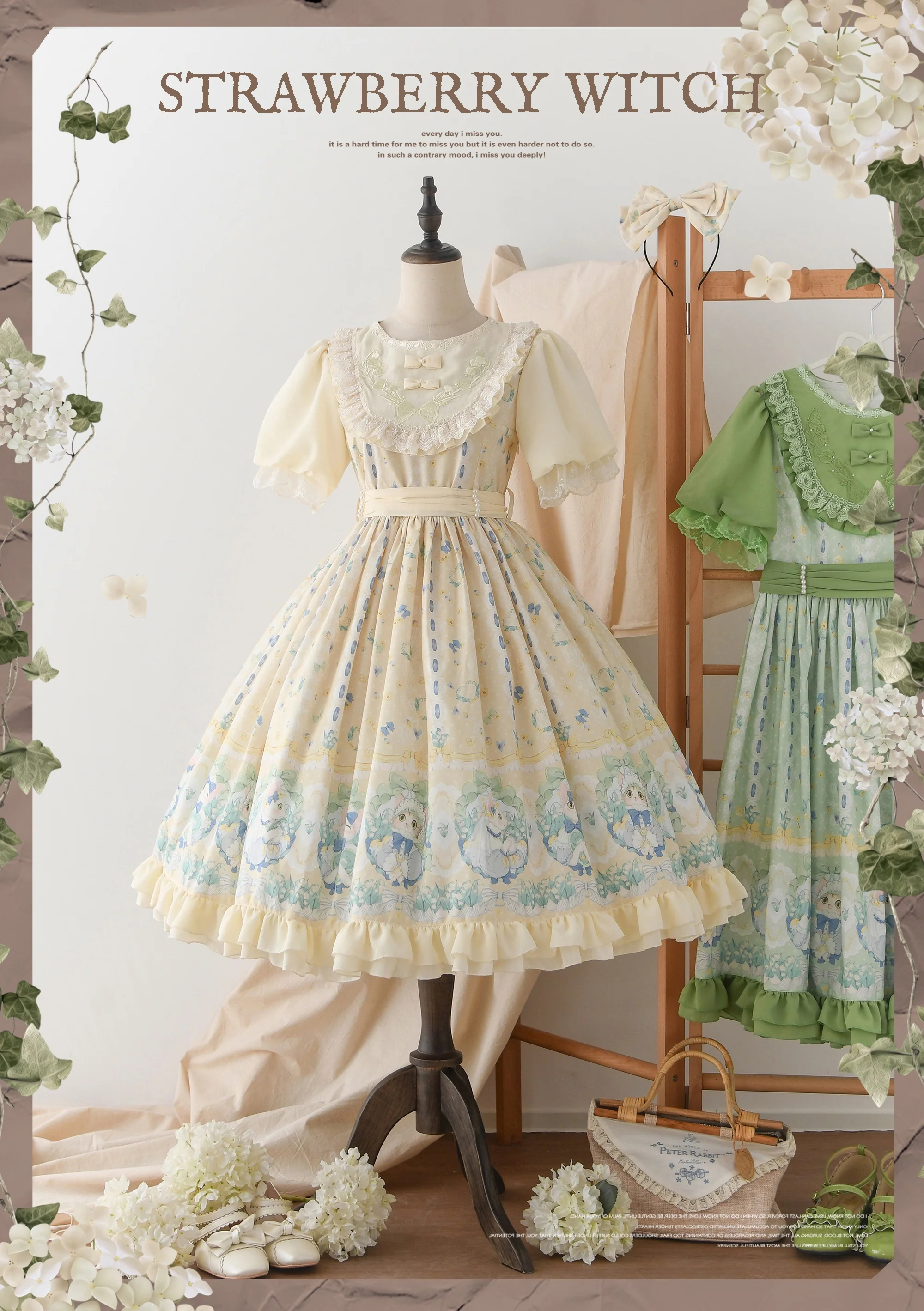 Lily of the Valley Kitten - Country Lolita OP with Embroidery and Cat Print - Image 16