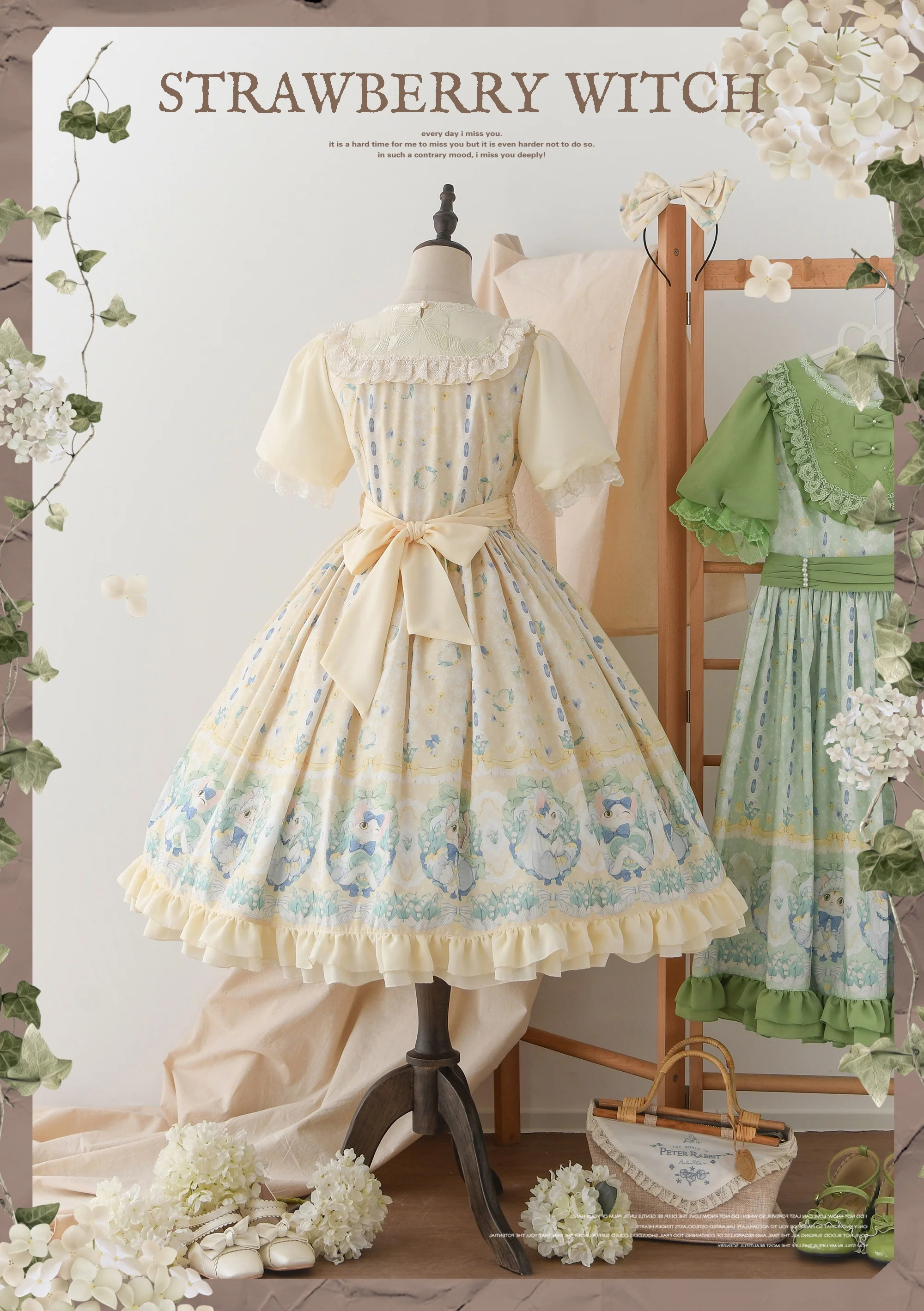 Lily of the Valley Kitten - Country Lolita OP with Embroidery and Cat Print - Image 17