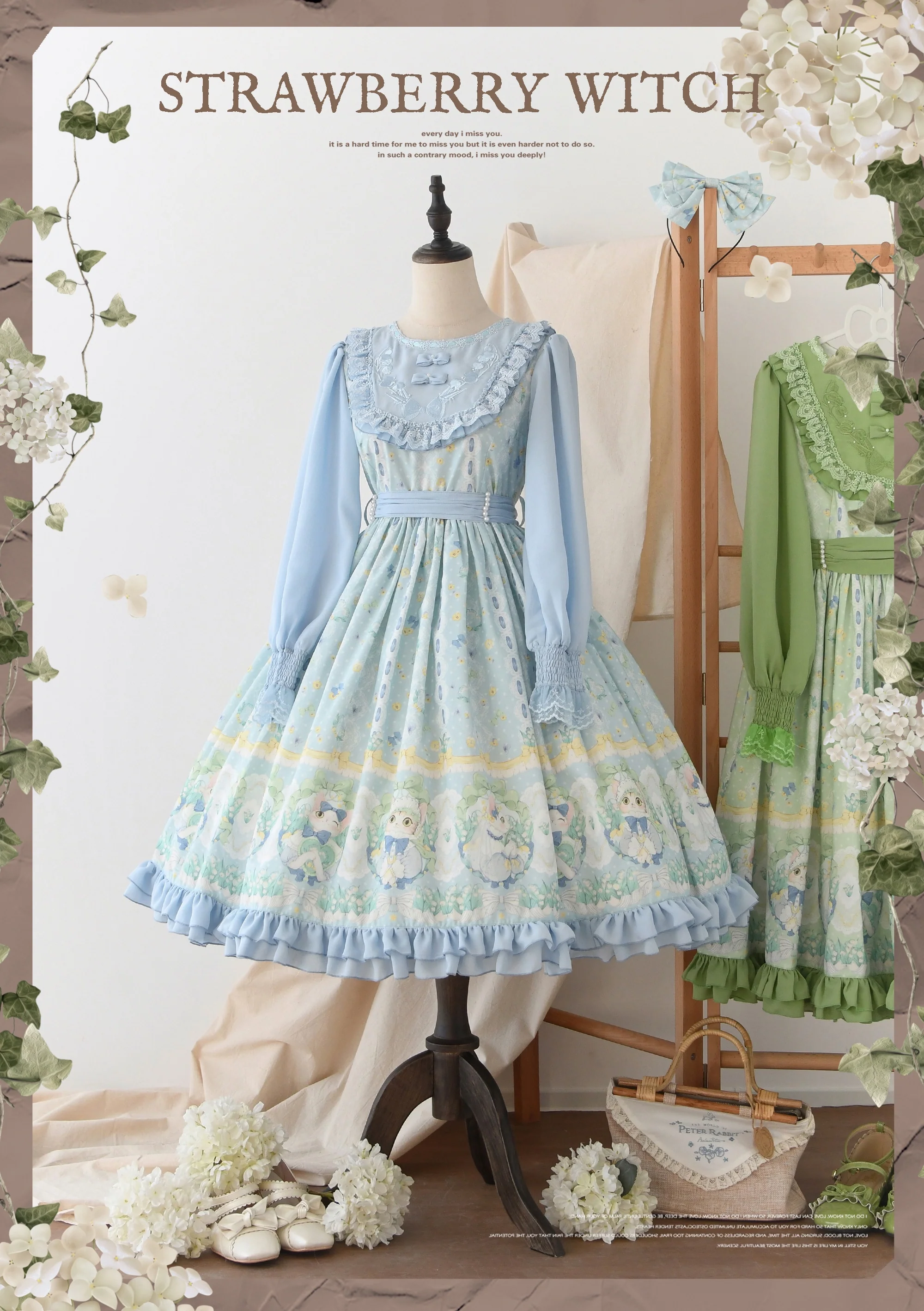 Lily of the Valley Kitten - Country Lolita OP with Embroidery and Cat Print - Image 18