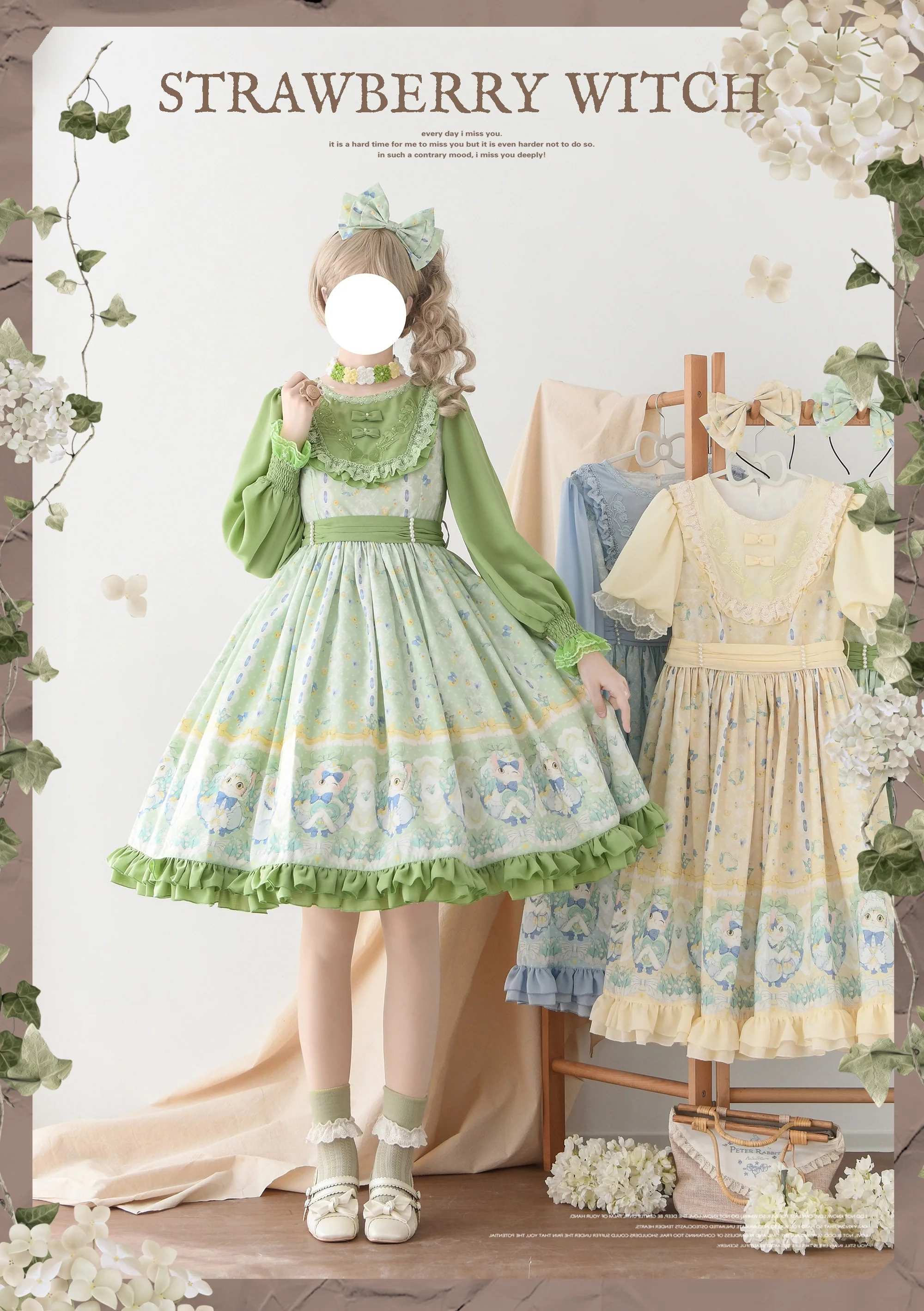 Lily of the Valley Kitten - Country Lolita OP with Embroidery and Cat Print - Image 2