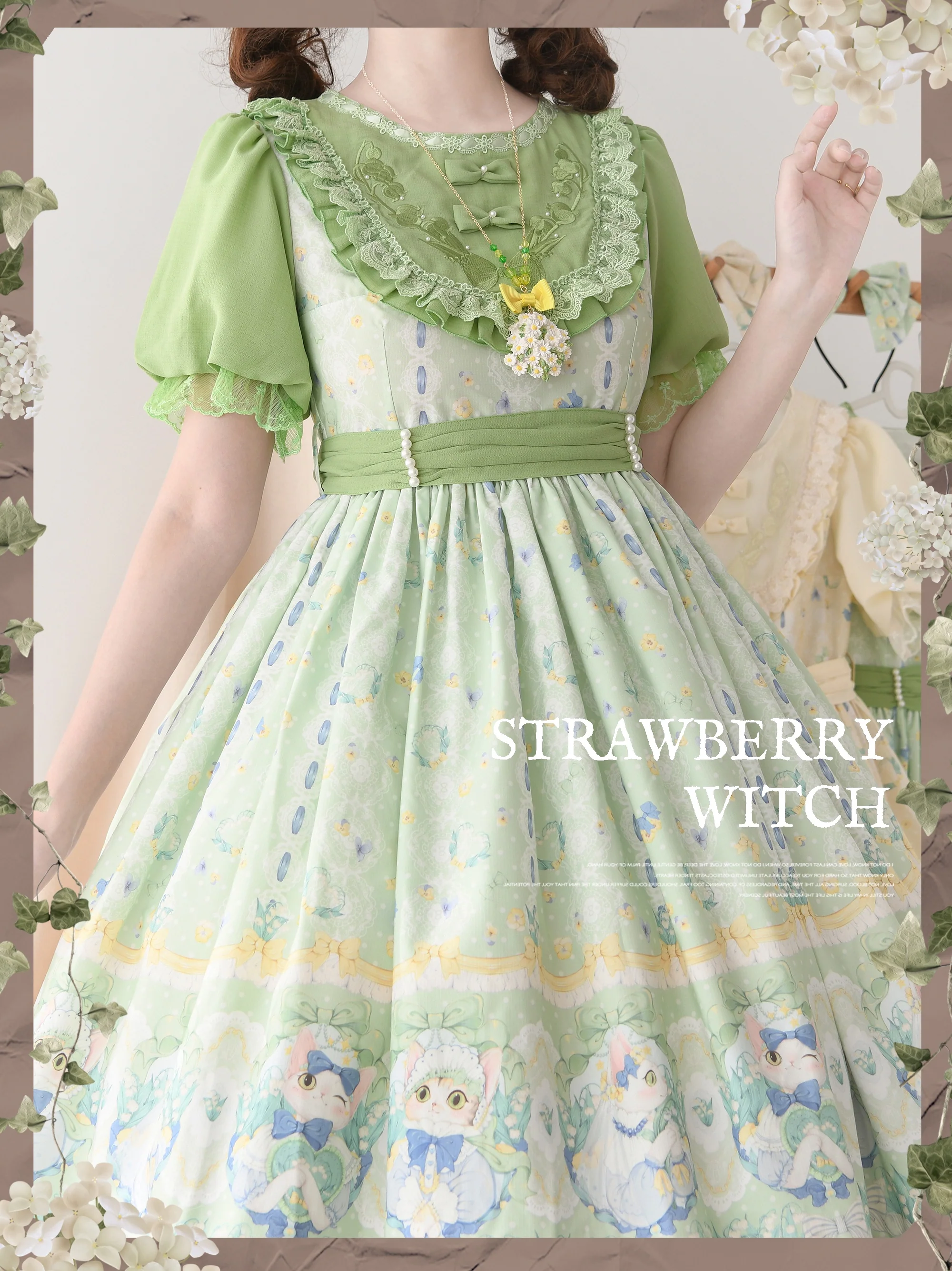 Lily of the Valley Kitten - Country Lolita OP with Embroidery and Cat Print - Image 8