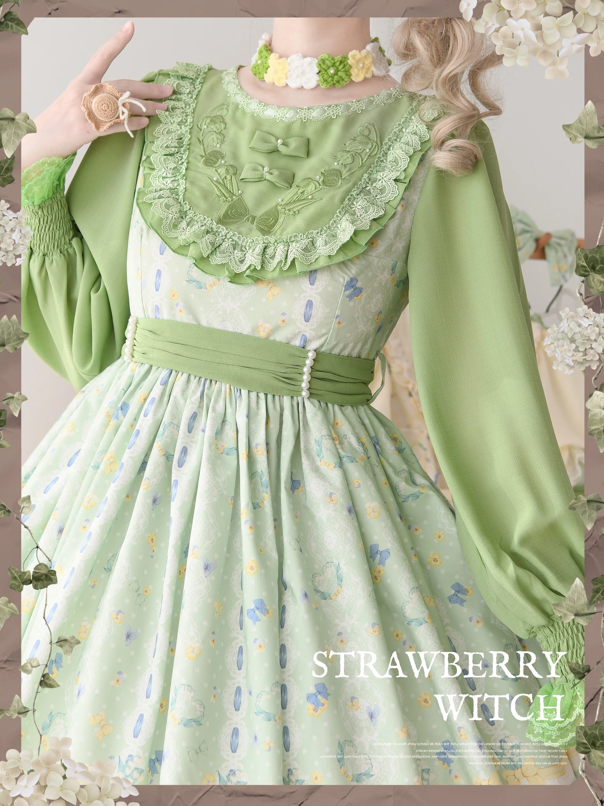 Lily of the Valley Kitten - Country Lolita OP with Embroidery and Cat Print - Image 9