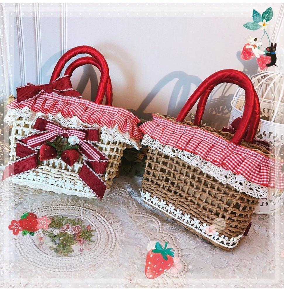 Country Lolita Straw-woven Bag, Strawberry Accent - Image 2