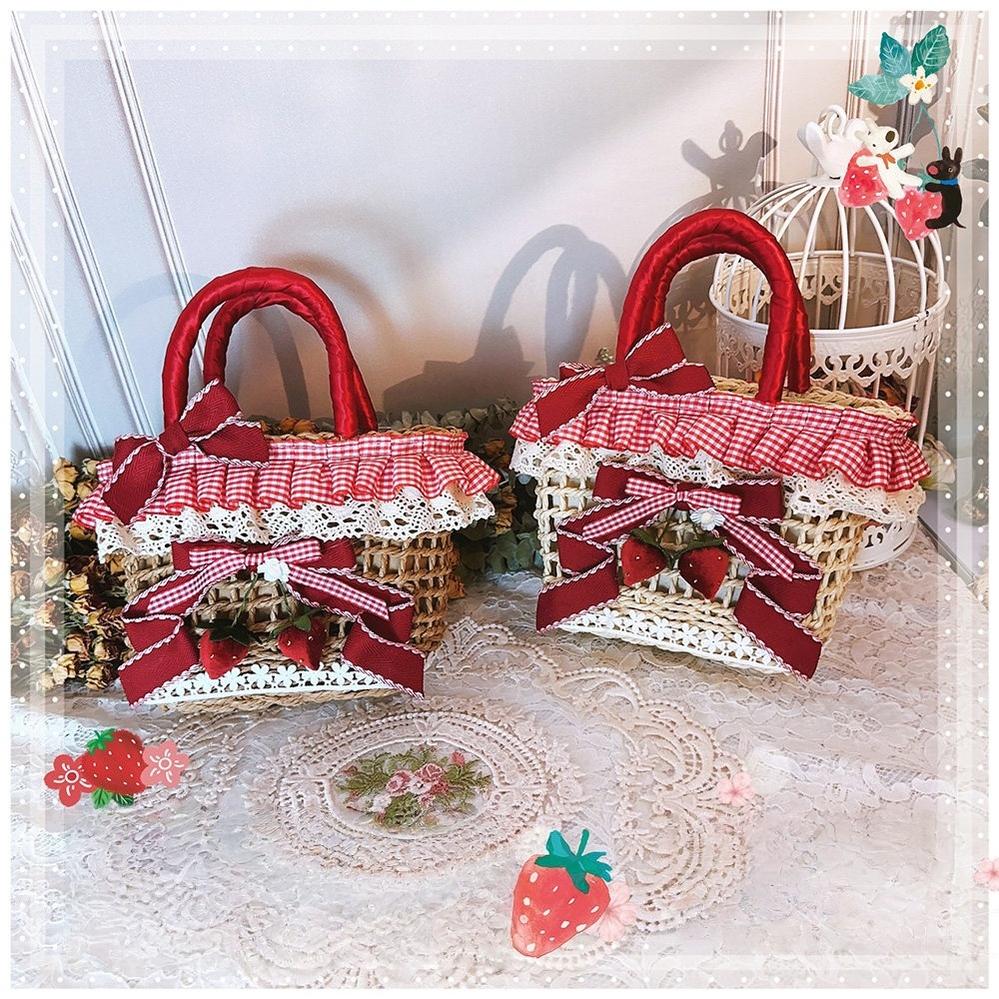 Country Lolita Straw-woven Bag, Strawberry Accent - Image 3
