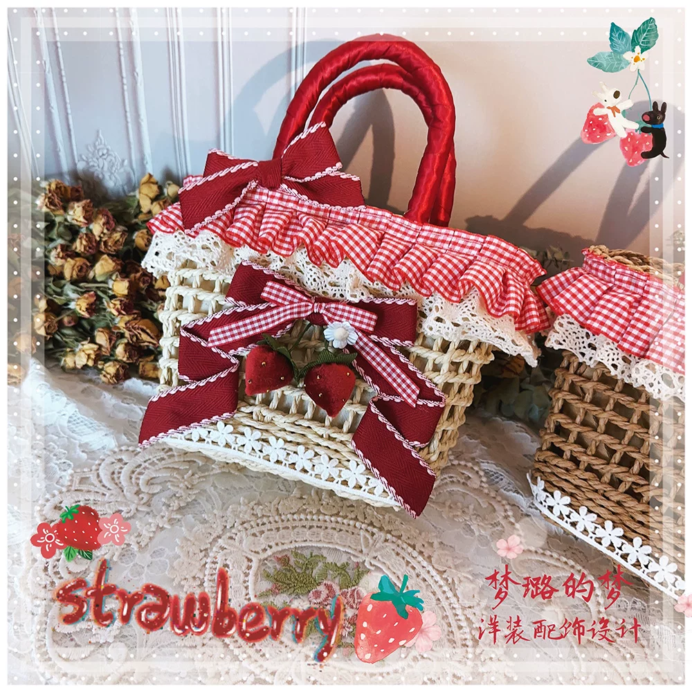 Country Lolita Straw-woven Bag, Strawberry Accent - Image 6