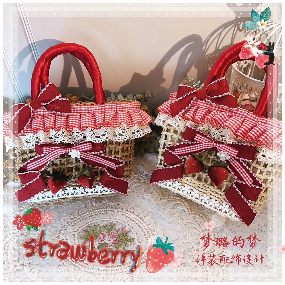 Country Lolita Straw-woven Bag, Strawberry Accent - Image 9