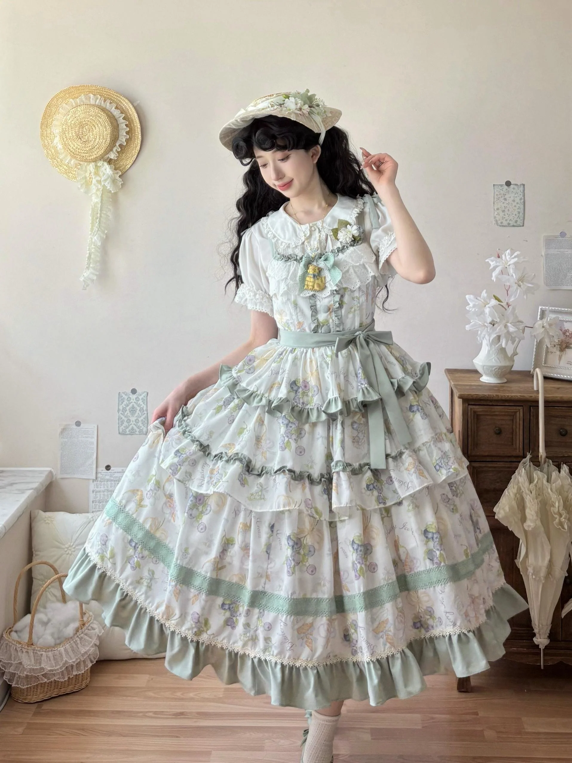 Qianmu - Blueberry Midsummer - Country Lolita Tiered JSK, Blueberry Print - Image 2