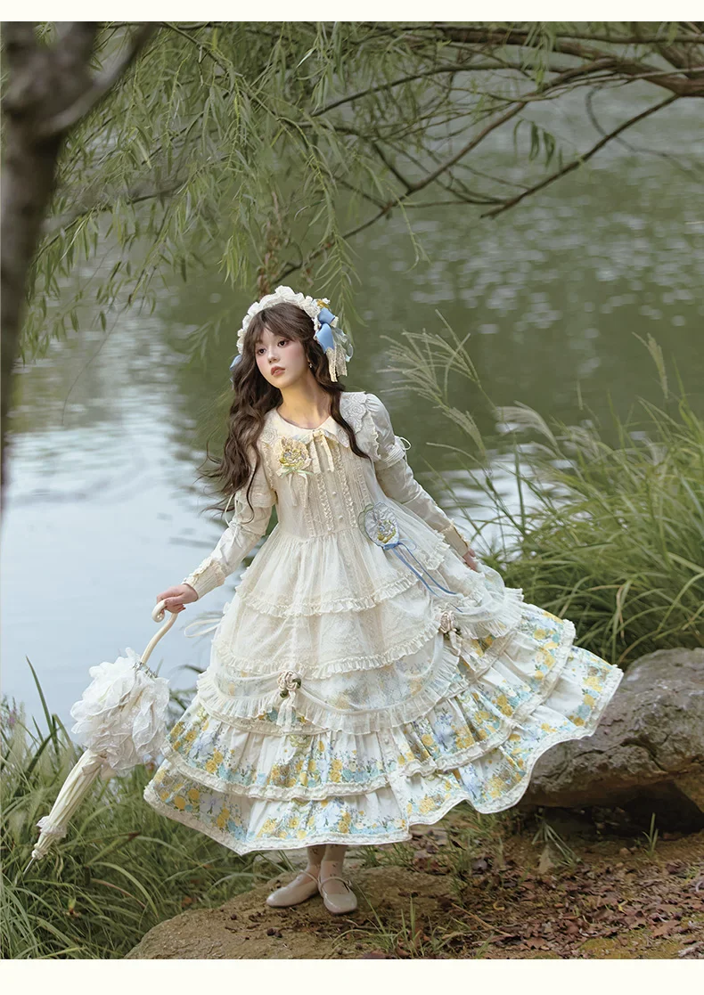 Flower Rabbit Bear - Country Lolita Tiered Skirt Dress, Floral & Bear Print - Image 10