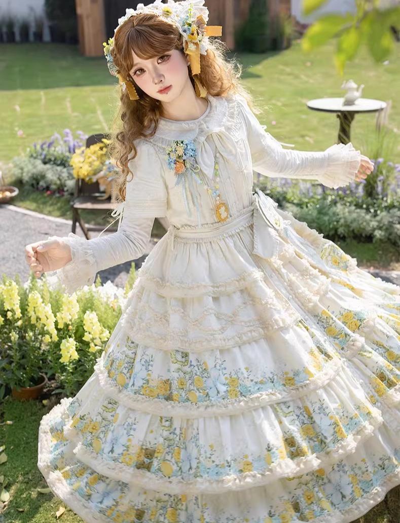 Flower Rabbit Bear - Country Lolita Tiered Skirt Dress, Floral & Bear Print - Image 11