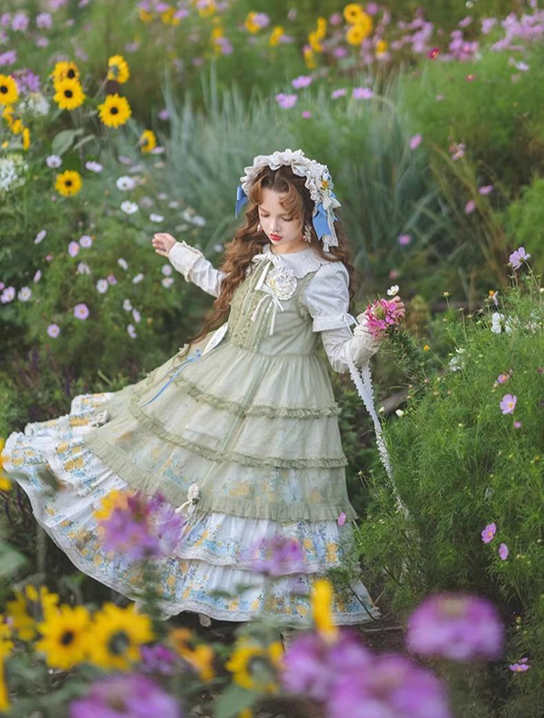 Flower Rabbit Bear - Country Lolita Tiered Skirt Dress, Floral & Bear Print - Image 12