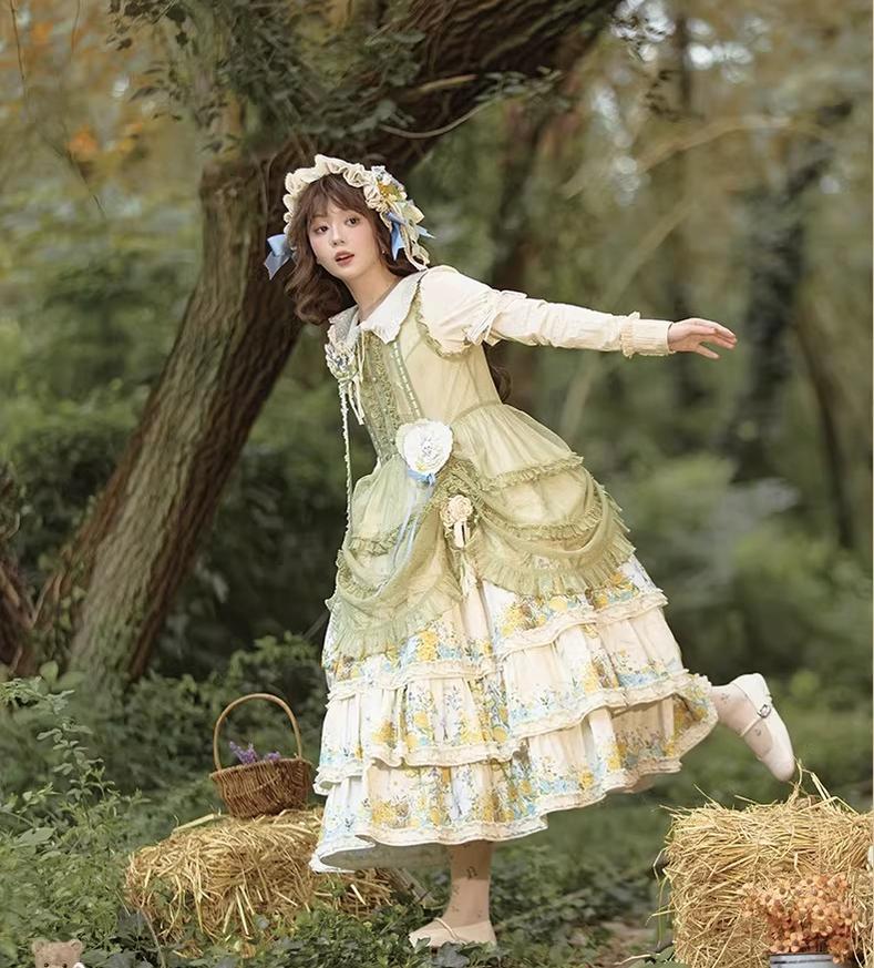 Flower Rabbit Bear - Country Lolita Tiered Skirt Dress, Floral & Bear Print - Image 13