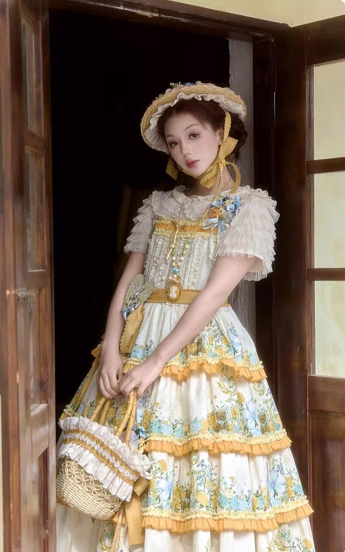 Flower Rabbit Bear - Country Lolita Tiered Skirt Dress, Floral & Bear Print - Image 14