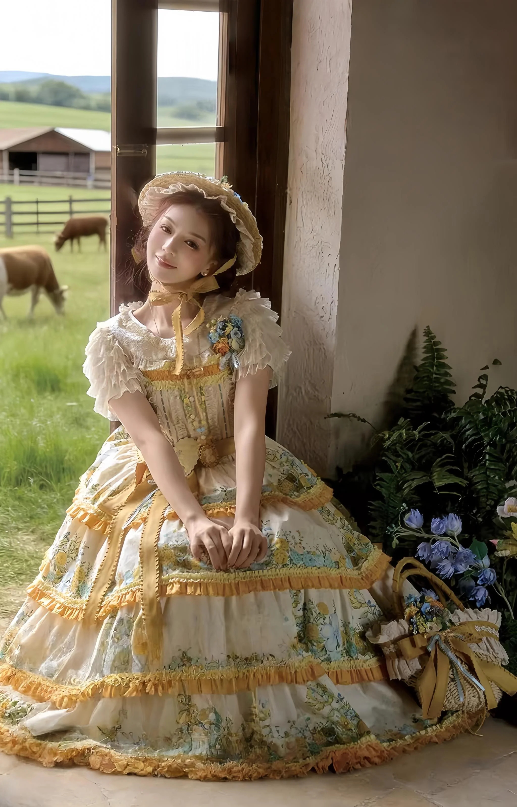 Flower Rabbit Bear - Country Lolita Tiered Skirt Dress, Floral & Bear Print - Image 15