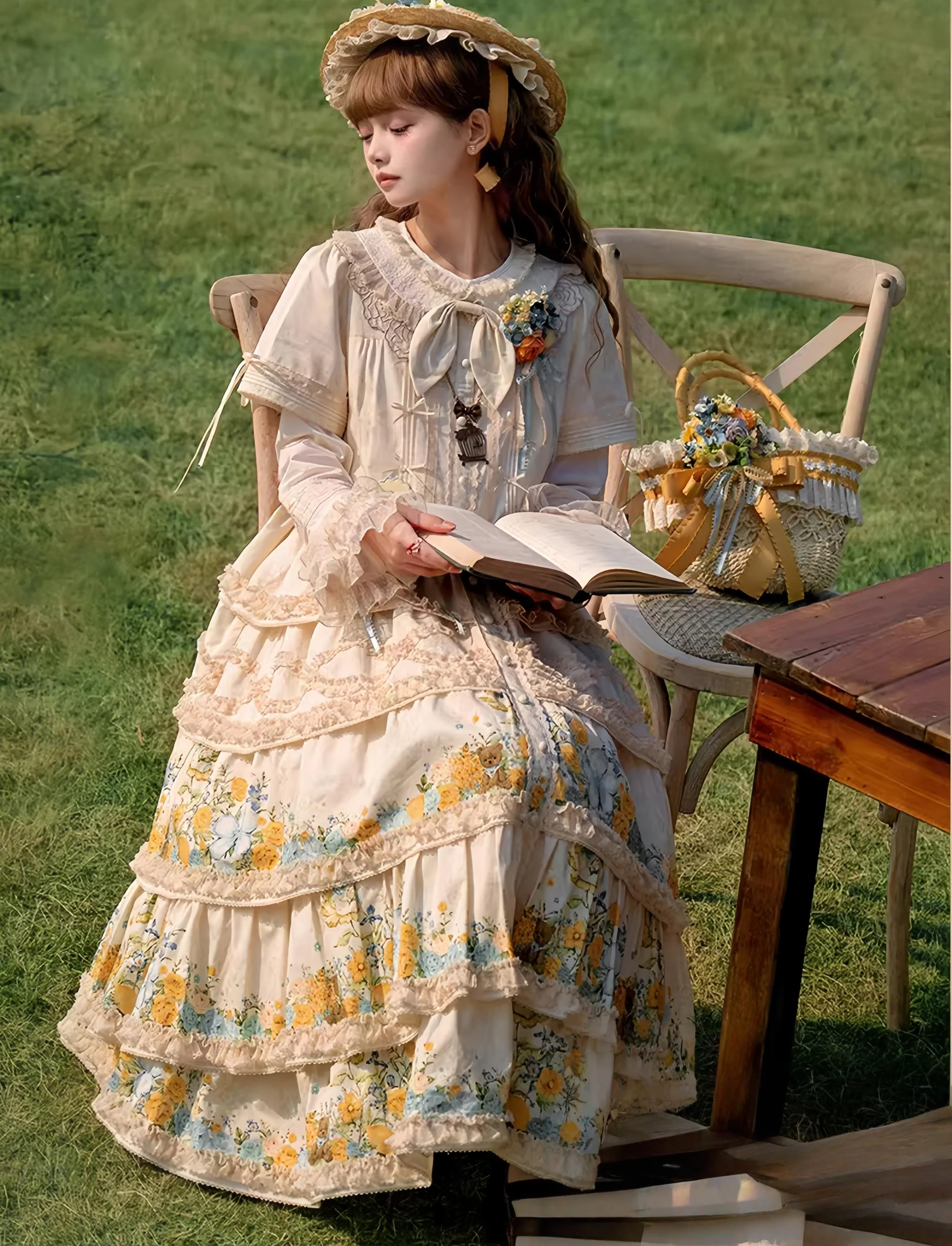 Flower Rabbit Bear - Country Lolita Tiered Skirt Dress, Floral & Bear Print - Image 16