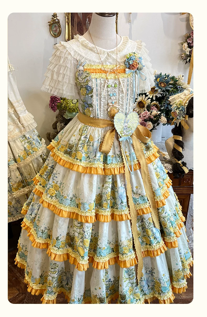 Flower Rabbit Bear - Country Lolita Tiered Skirt Dress, Floral & Bear Print - Image 17