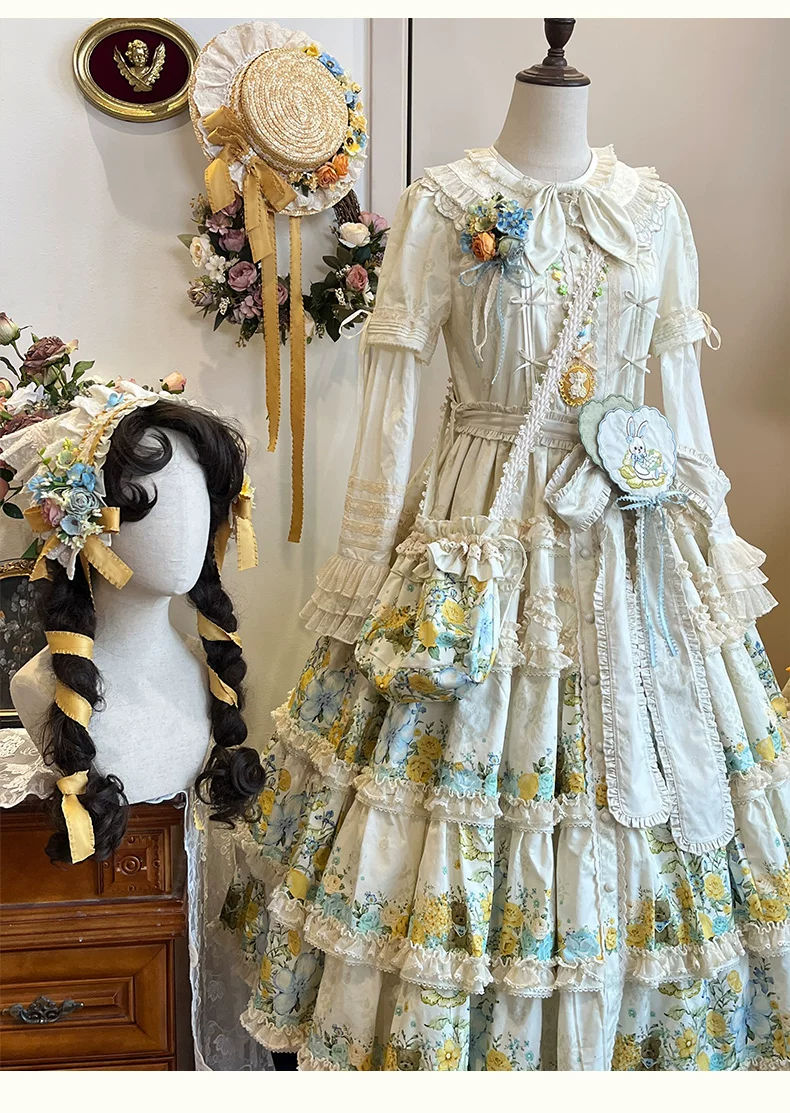 Flower Rabbit Bear - Country Lolita Tiered Skirt Dress, Floral & Bear Print - Image 18