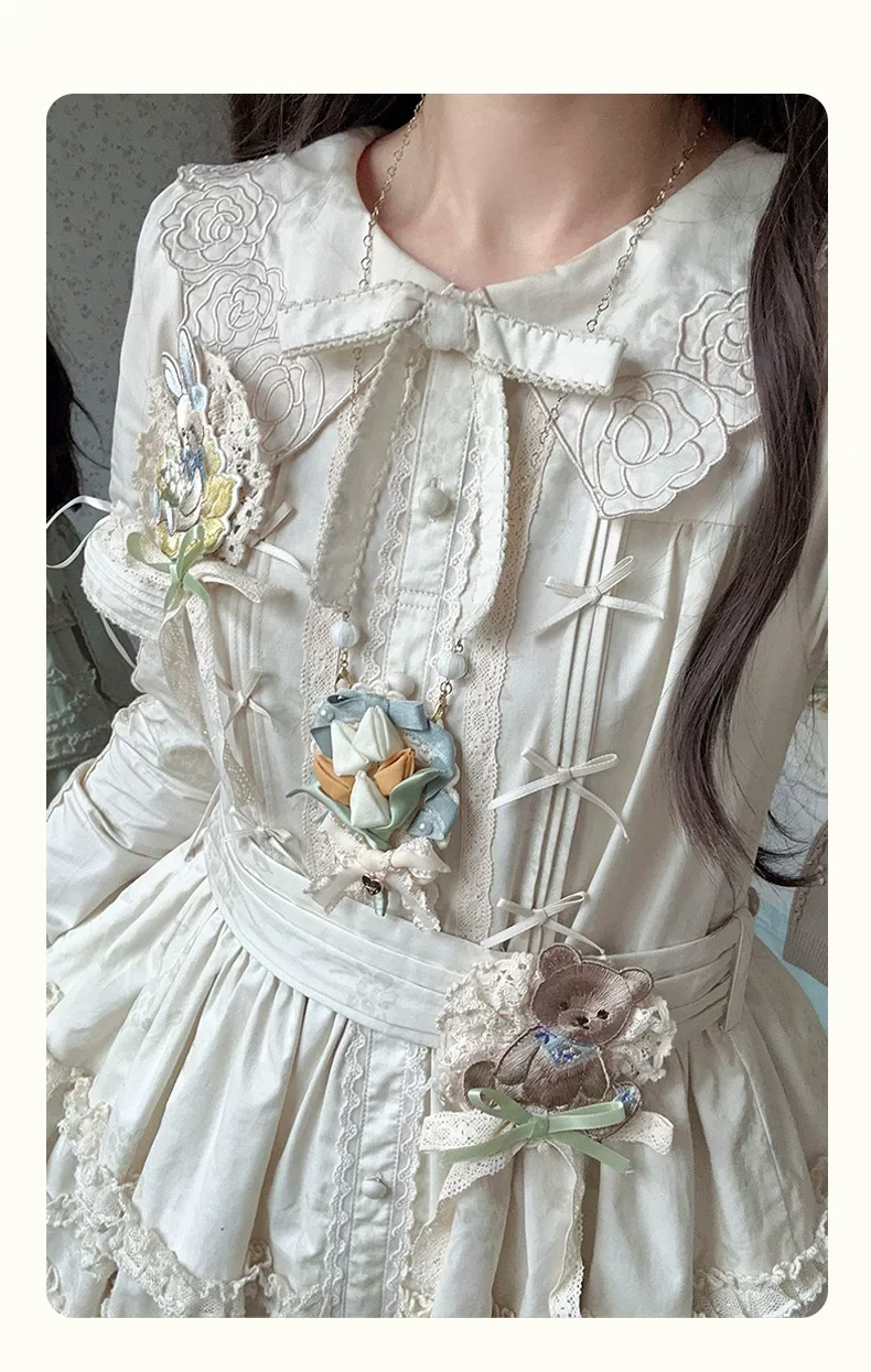 Flower Rabbit Bear - Country Lolita Tiered Skirt Dress, Floral & Bear Print - Image 19