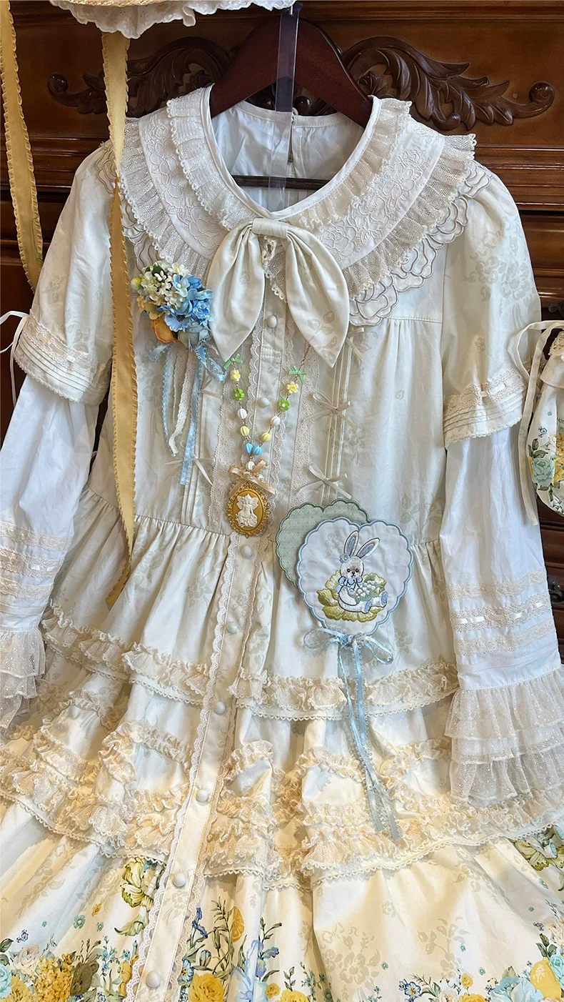 Flower Rabbit Bear - Country Lolita Tiered Skirt Dress, Floral & Bear Print - Image 20