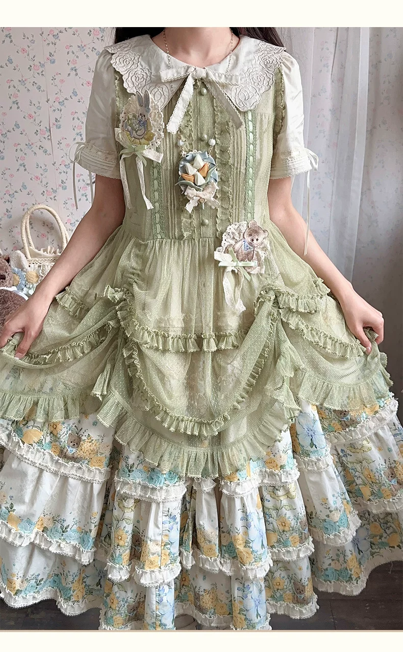 Flower Rabbit Bear - Country Lolita Tiered Skirt Dress, Floral & Bear Print - Image 9