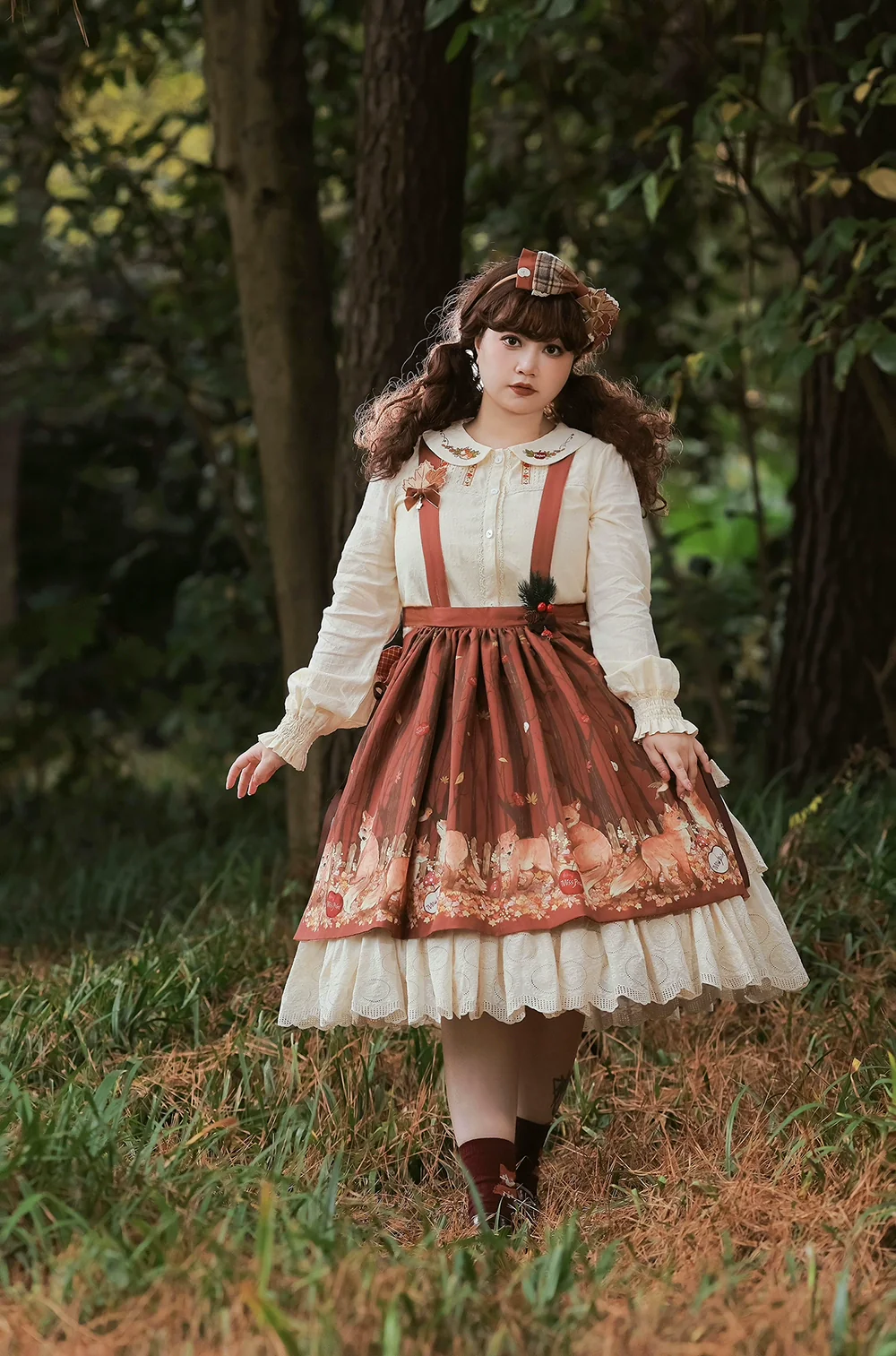 Chubby Fox in the Forest - Customized Lolita Skirt Embroidery Lace Cotton Lolita Skirt - Image 41