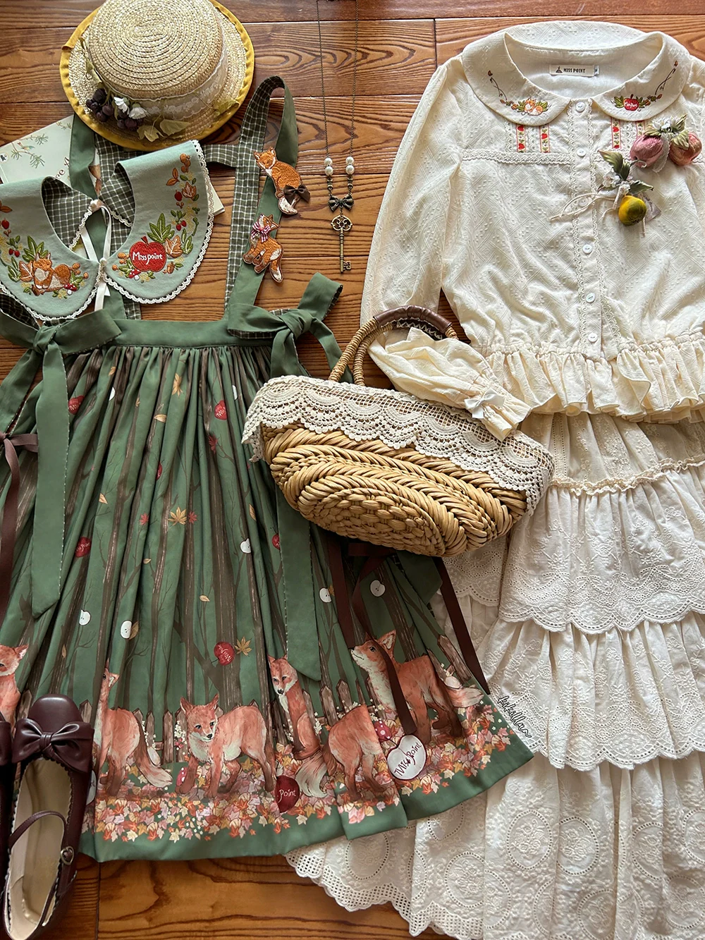 Chubby Fox in the Forest - Customized Lolita Skirt Embroidery Lace Cotton Lolita Skirt - Image 6