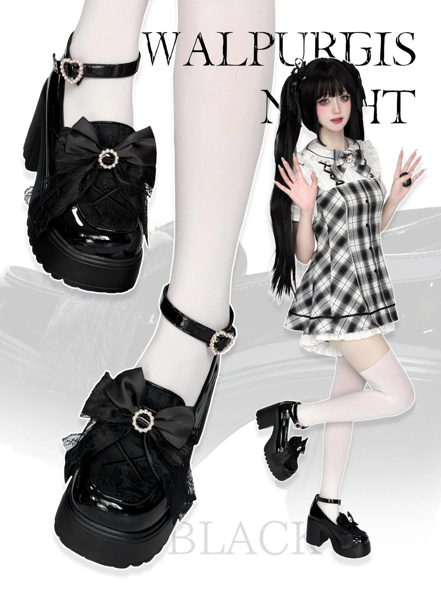 Daily Lolita Heels Shoes, White & Black Color - Image 2