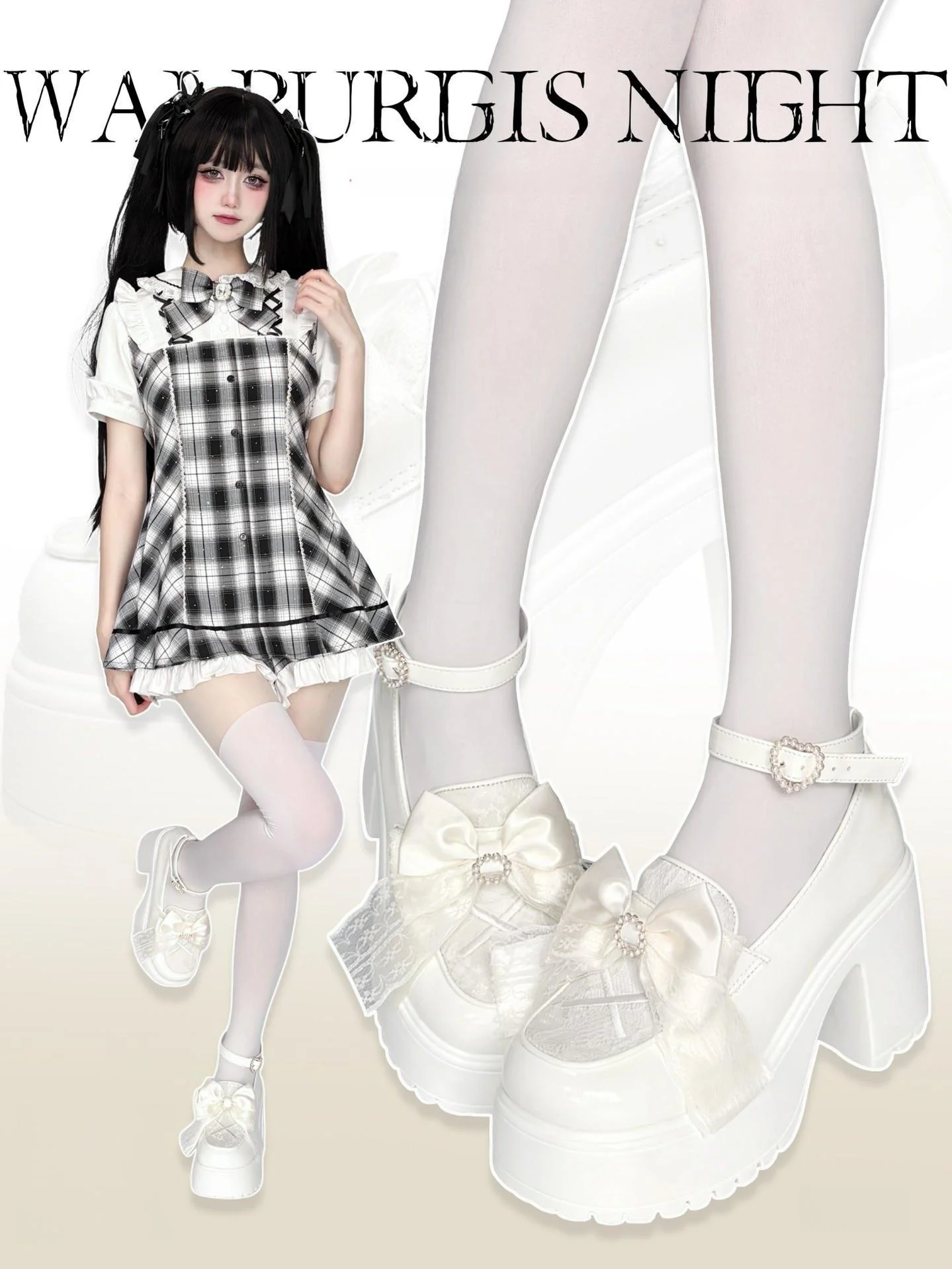 Daily Lolita Heels Shoes, White & Black Color - Image 3
