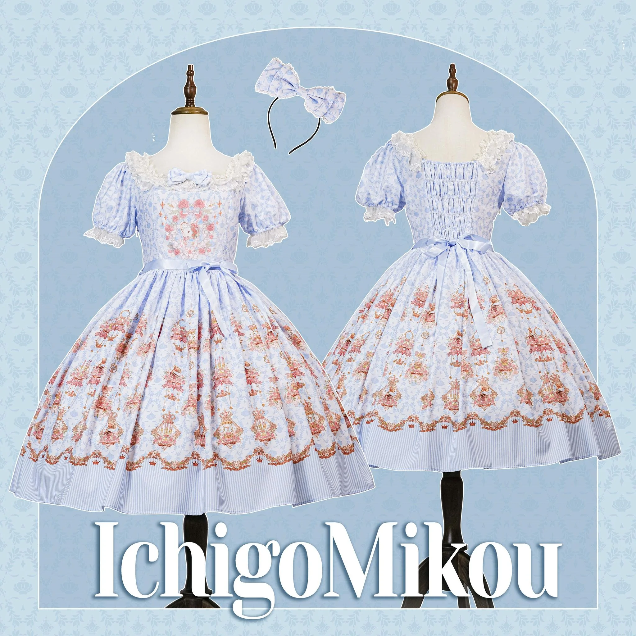 Rose Garden Bunny - Daily Lolita Rose Bunny Printing OP JSK Dress Set - Image 23