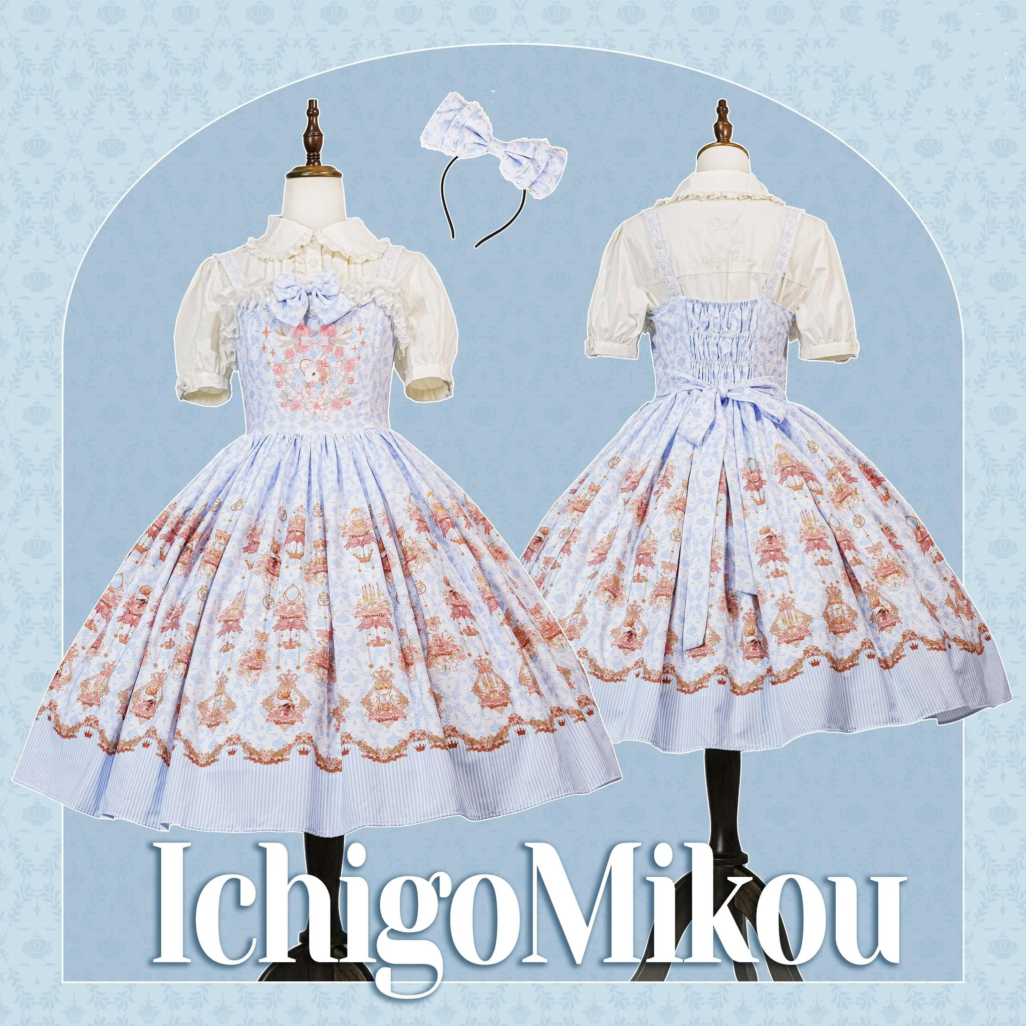 Rose Garden Bunny - Daily Lolita Rose Bunny Printing OP JSK Dress Set - Image 25