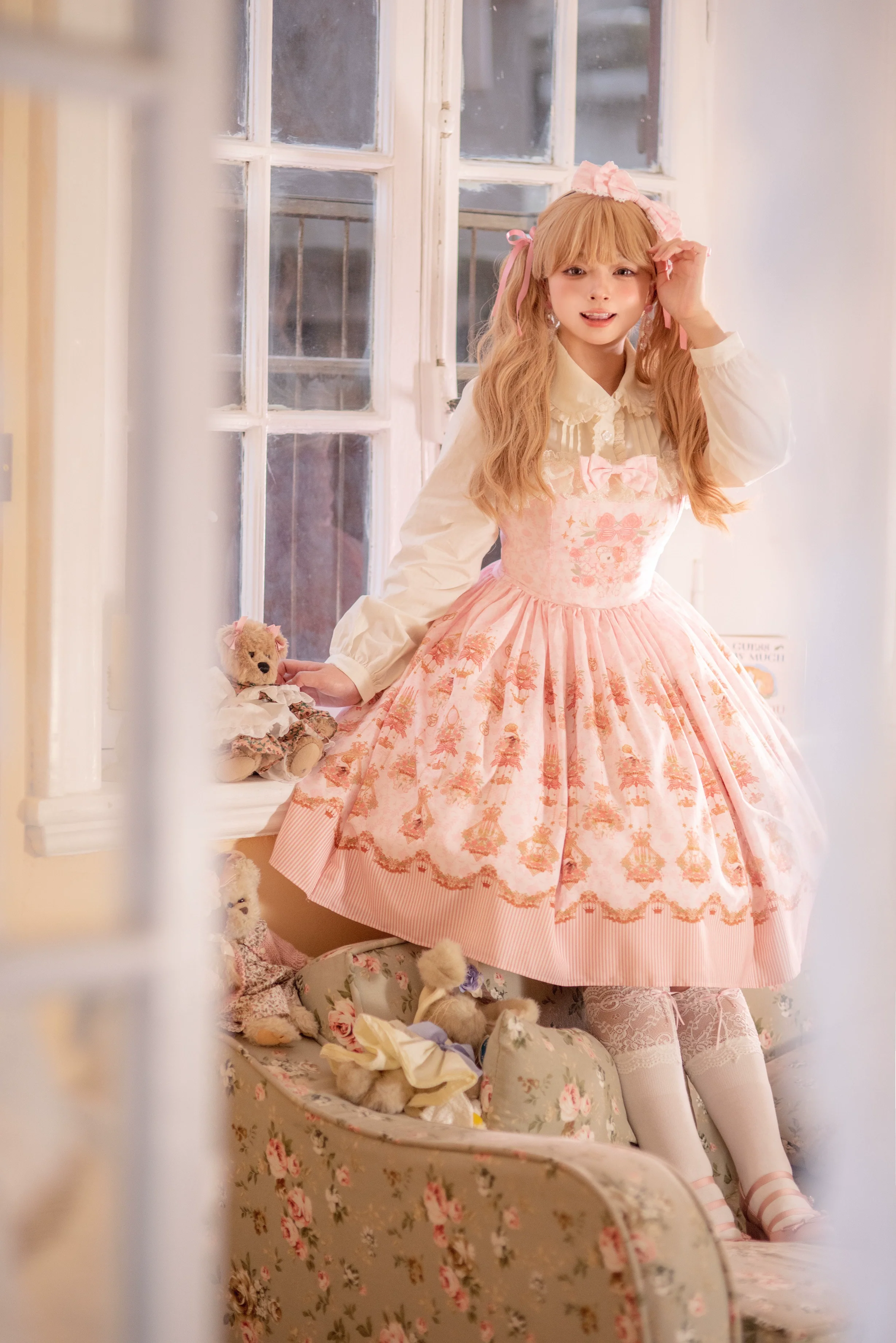 Rose Garden Bunny - Daily Lolita Rose Bunny Printing OP JSK Dress Set - Image 8