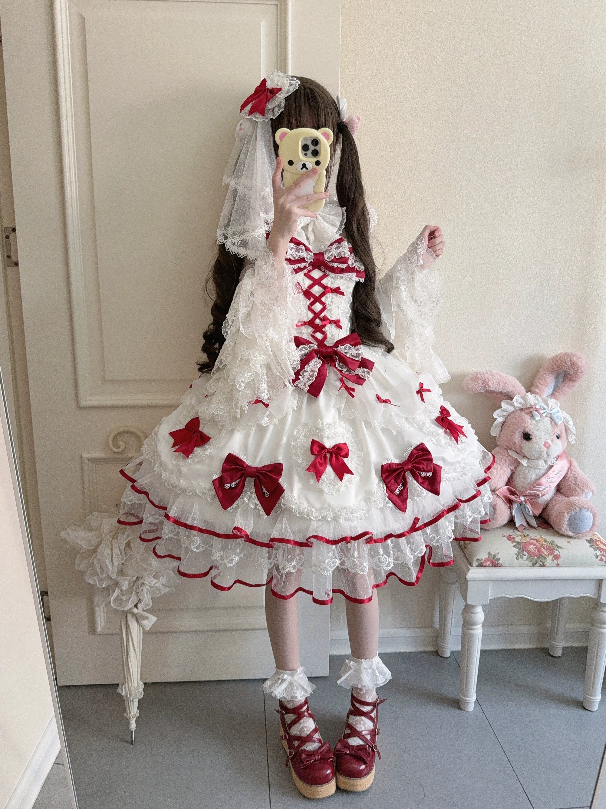 Velvet Sweetheart - Doll-like Sweet Lolita Jumper Dress, Bow Accents - Image 5