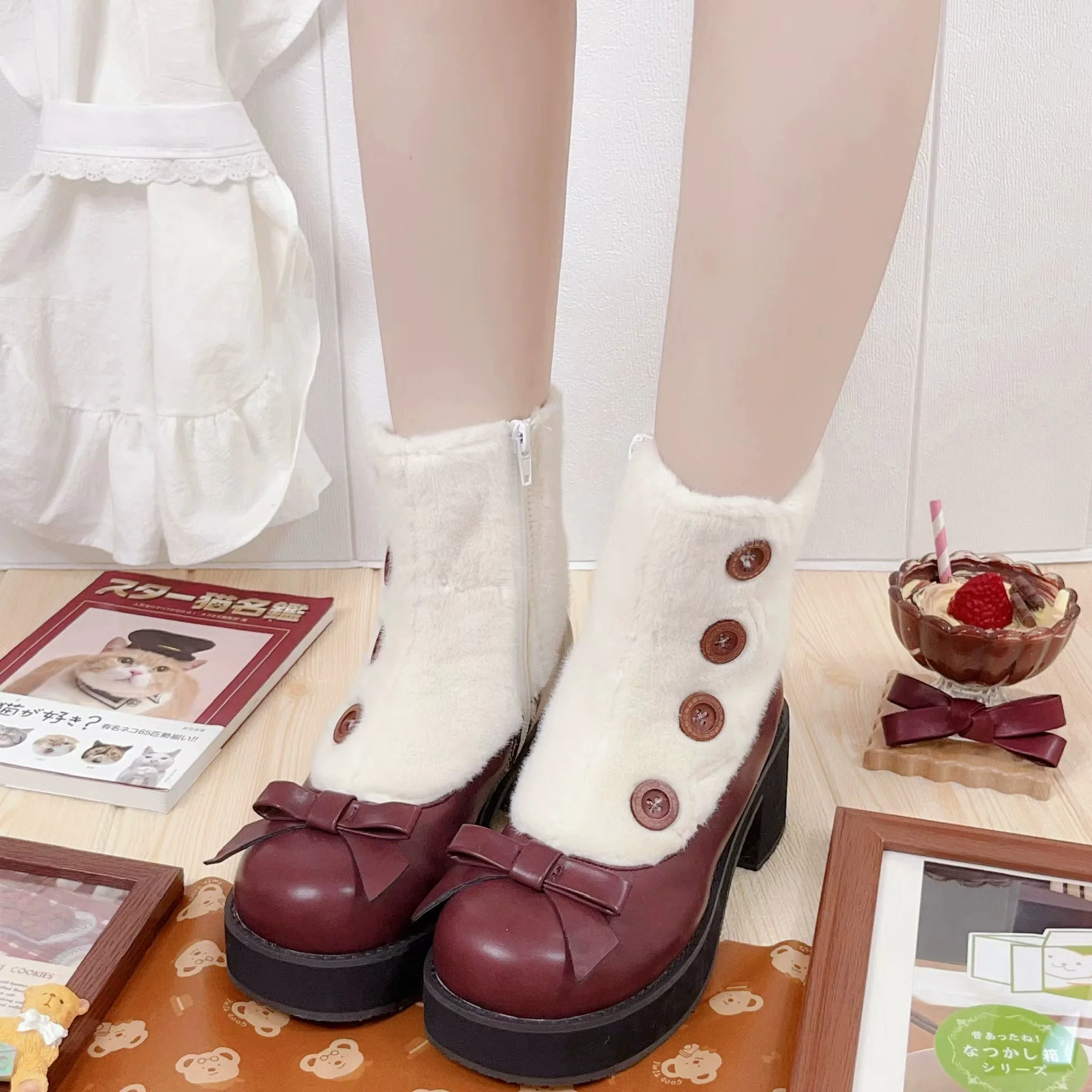 Dolly Doll - Winter Lolita Boots Fur Mary Jane Lolita Low Heel Shoes - Image 23