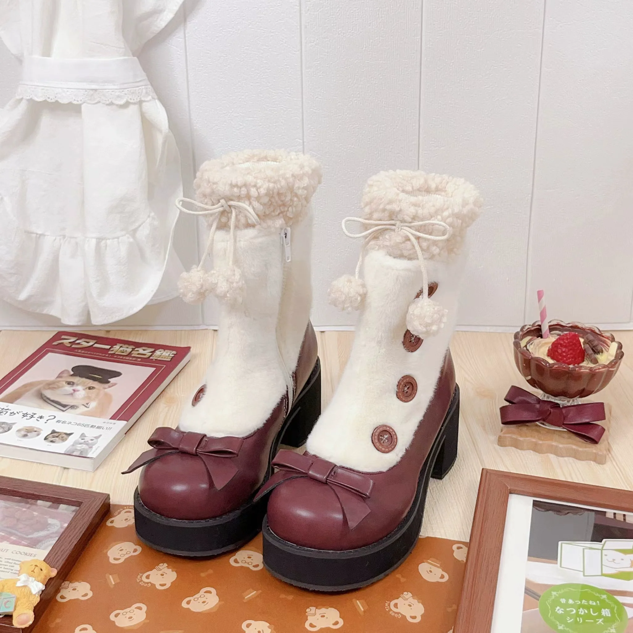 Dolly Doll - Winter Lolita Boots Fur Mary Jane Lolita Low Heel Shoes - Image 27