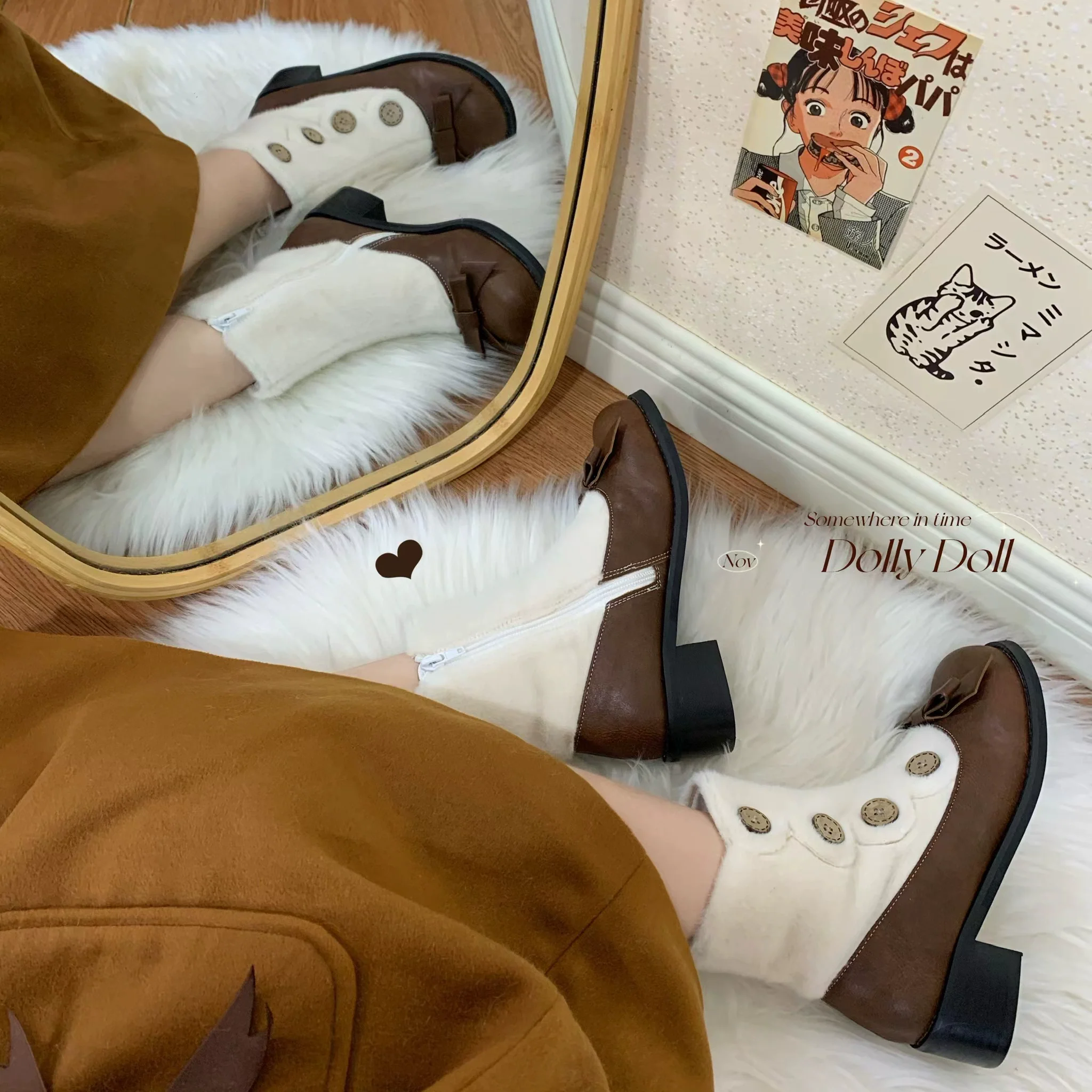Dolly Doll - Winter Lolita Boots Fur Mary Jane Lolita Low Heel Shoes - Image 42