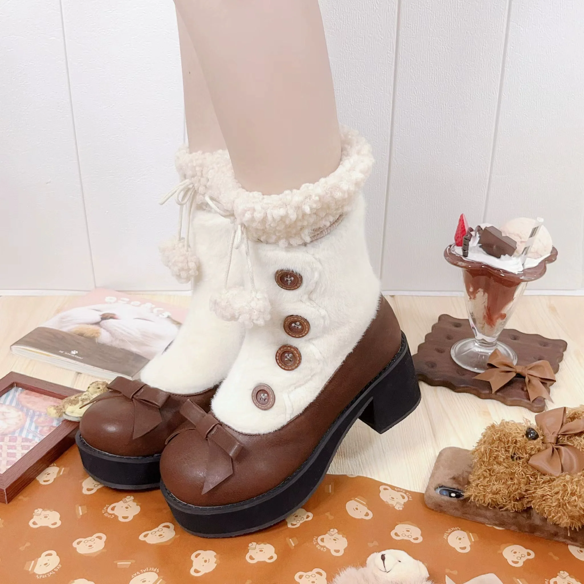 Dolly Doll - Winter Lolita Boots Fur Mary Jane Lolita Low Heel Shoes - Image 56