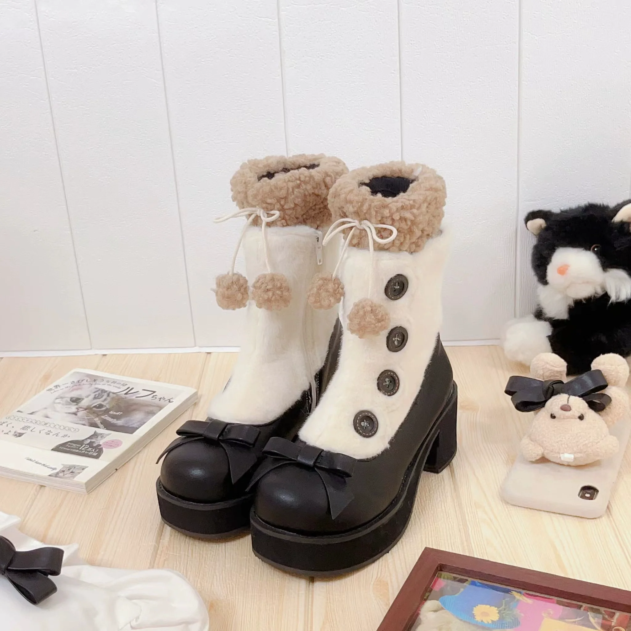 Dolly Doll - Winter Lolita Boots Fur Mary Jane Lolita Low Heel Shoes - Image 86