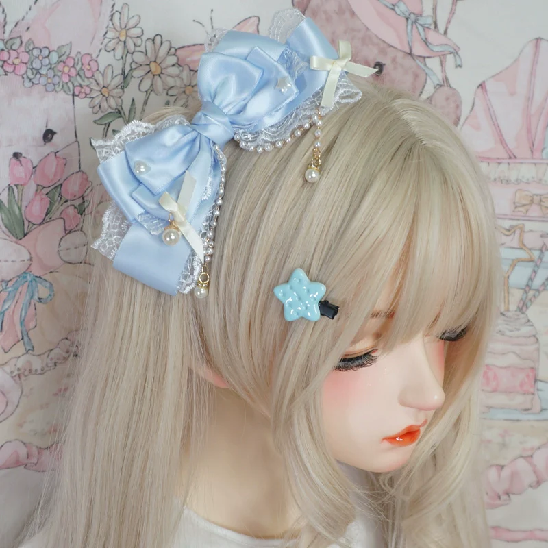 Sweet Lolita Layerd Bow Hair Clip, Pearl Accents - Image 4