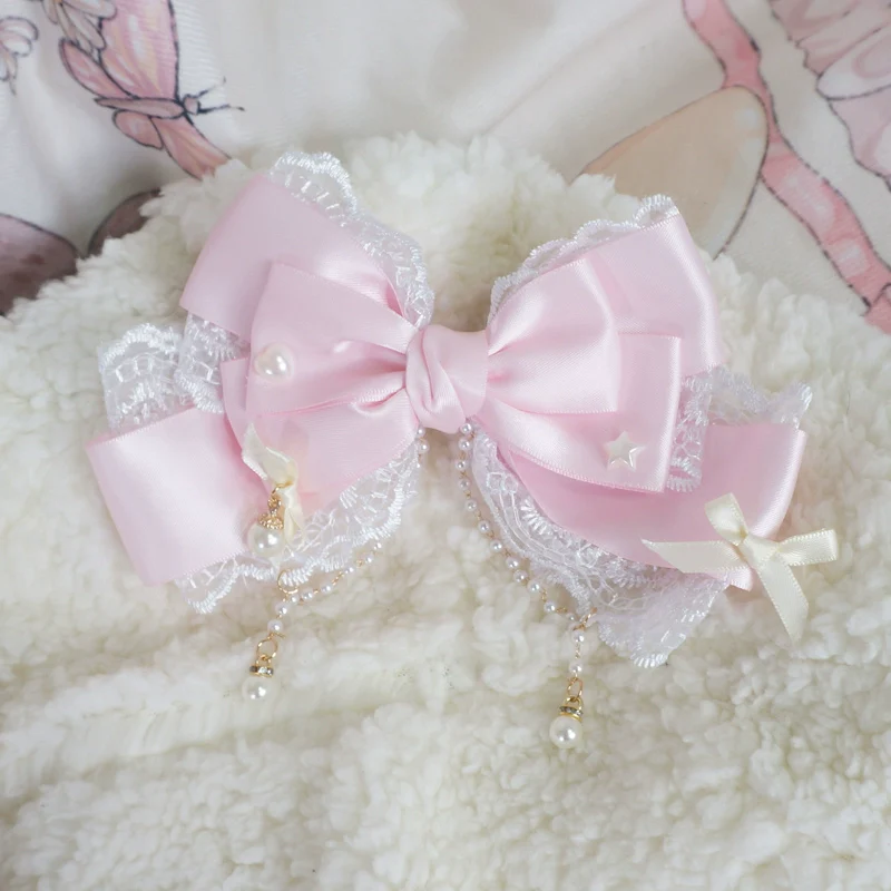 Sweet Lolita Layerd Bow Hair Clip, Pearl Accents - Image 7