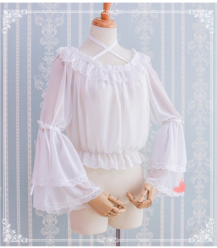 Kawaii Lolita Blouse Long Sleeve Halter Neckline Chiffon Blouse - Image 3