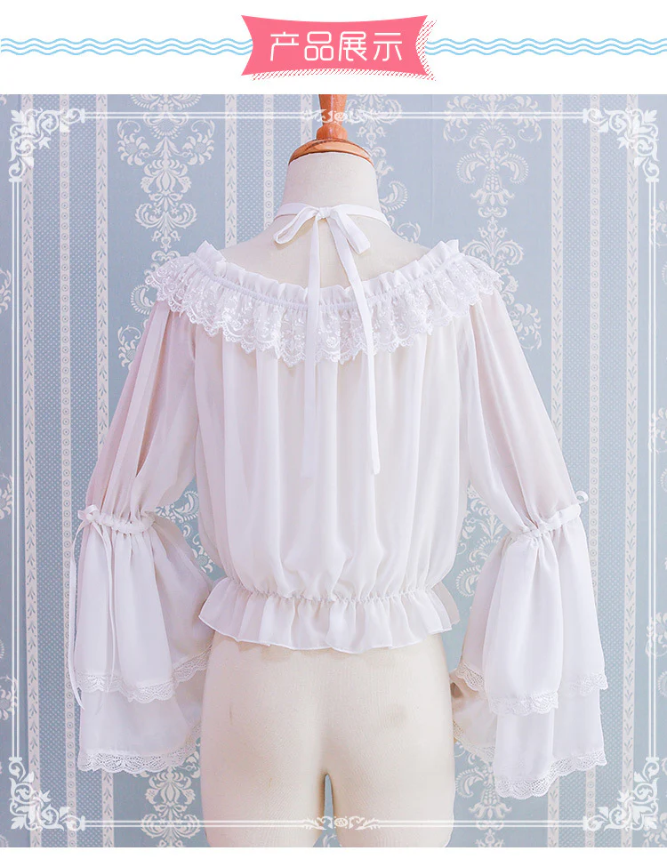 Kawaii Lolita Blouse Long Sleeve Halter Neckline Chiffon Blouse - Image 4