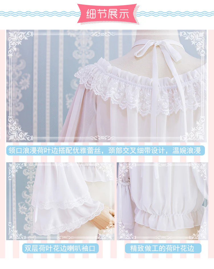 Kawaii Lolita Blouse Long Sleeve Halter Neckline Chiffon Blouse - Image 6