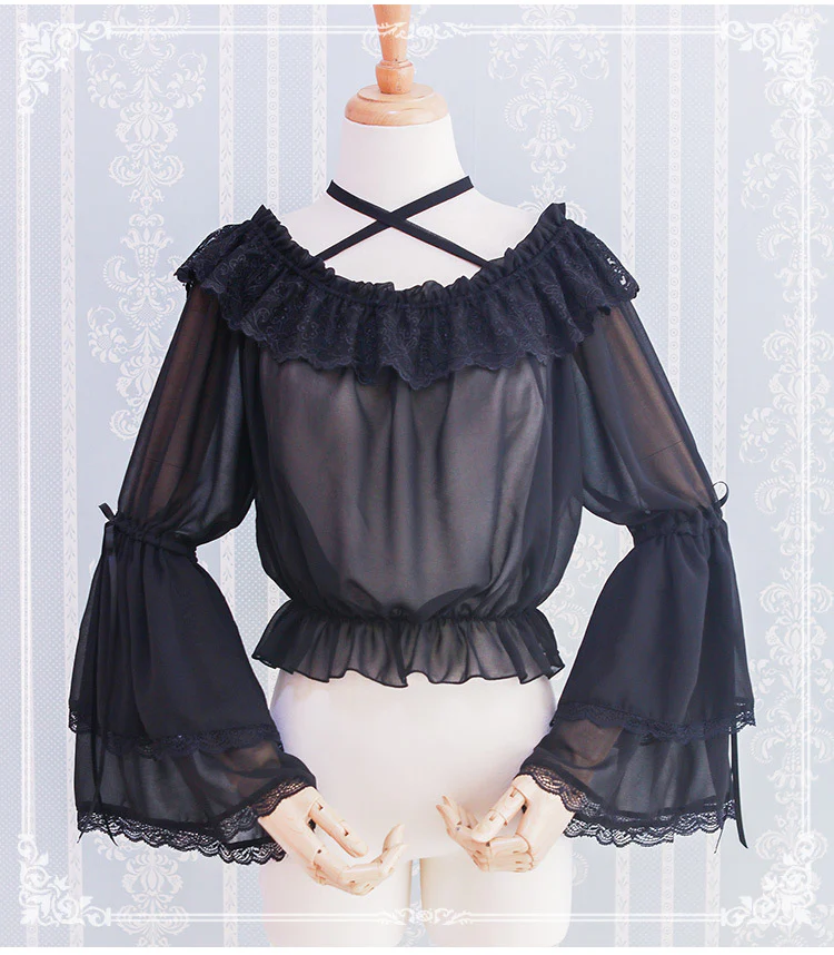 Kawaii Lolita Blouse Long Sleeve Halter Neckline Chiffon Blouse - Image 7