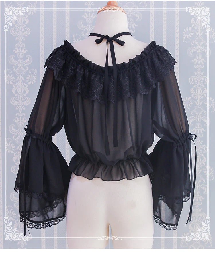 Kawaii Lolita Blouse Long Sleeve Halter Neckline Chiffon Blouse - Image 8