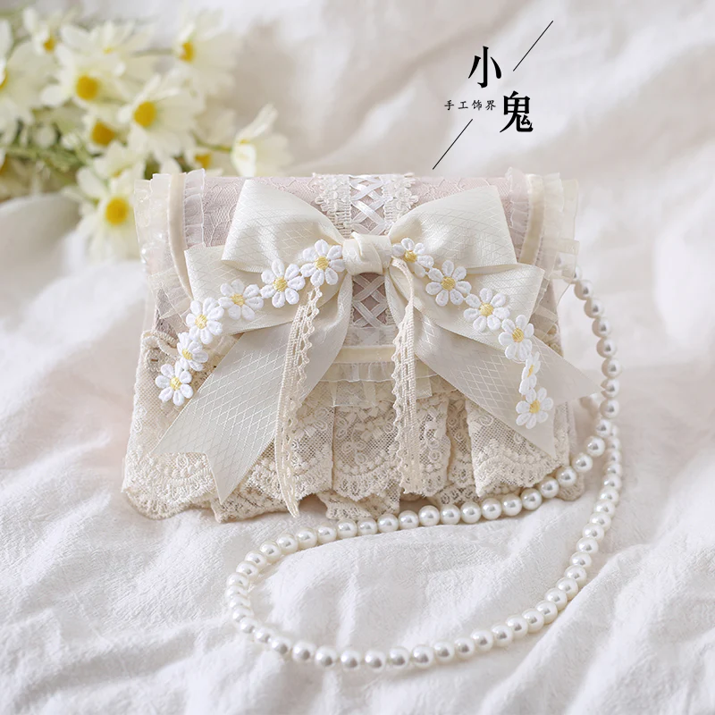 Xiaogui - Elegant Lolita Bag Daisy Pearl Chain Lace Handbag - Image 5