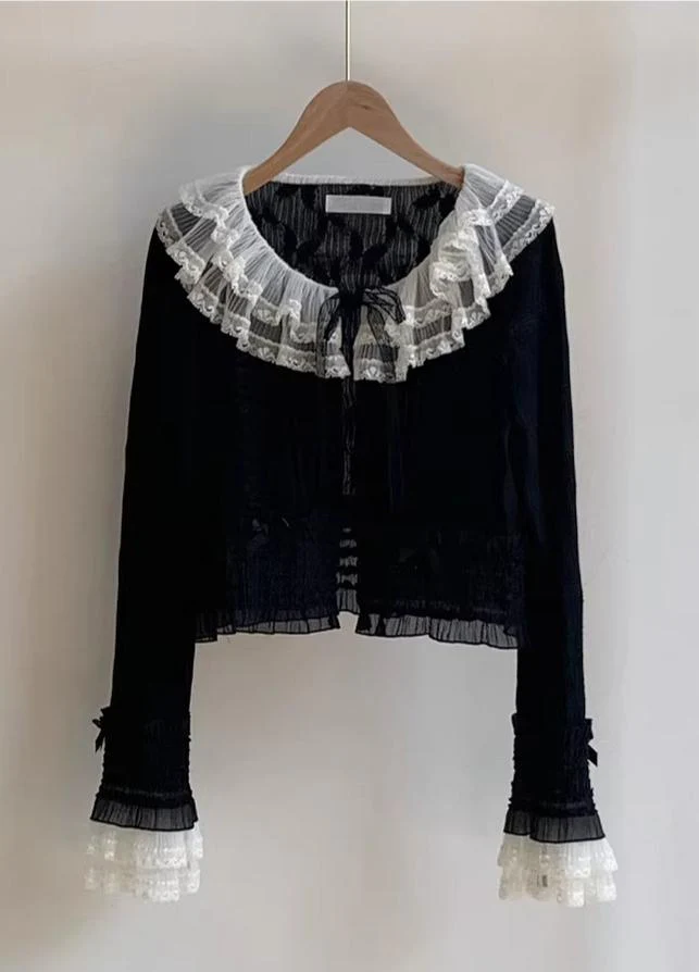 Morning Dew - Elegant Lolita Cardigan, Ruffle & Butterfly Pattern - Image 4